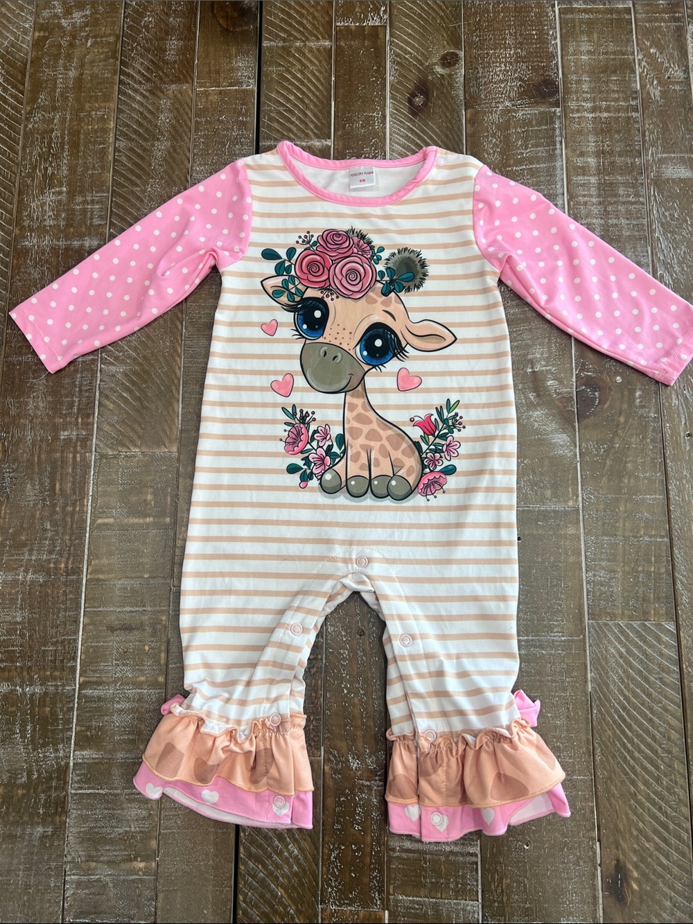 Striped Giraffe Floral Ruffle Footless Romper - Pink- Penelope Plumm
